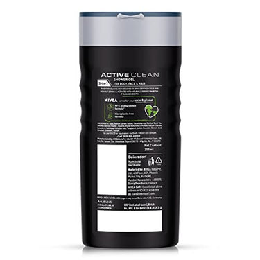NIVEA Men Body Wash, Active Clean with Active Charcoal, Shower Gel for Body, Face & Hair, 250 ml